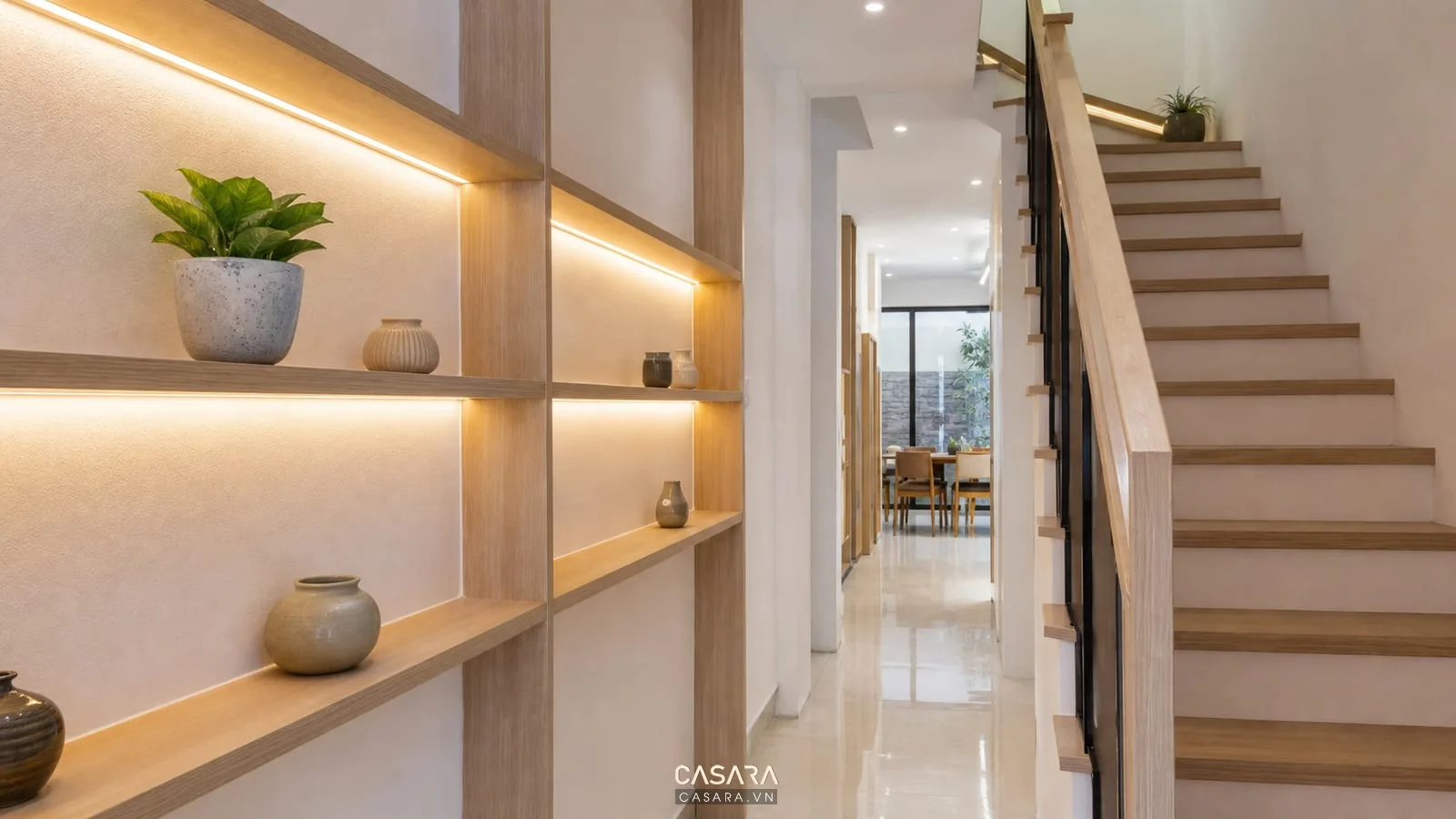 Kệ cầu thang chạy dọc vách thang nhà phố hẹp bằng gỗ sáng với ánh sáng led hắt