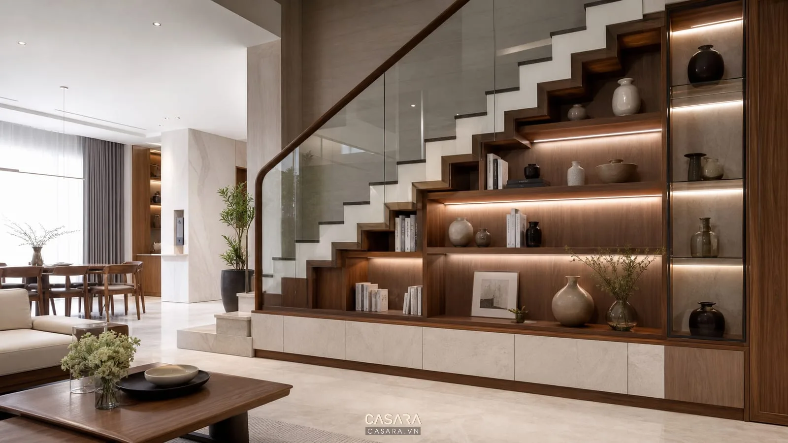 Kệ cầu thang gỗ veneer kết hợp đá sáng kính và đèn led âm trong phòng khách hiện đại