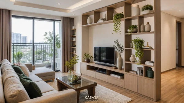 kệ trang trí phòng khách chung cư hiện đại với sofa và ánh sáng tự nhiên