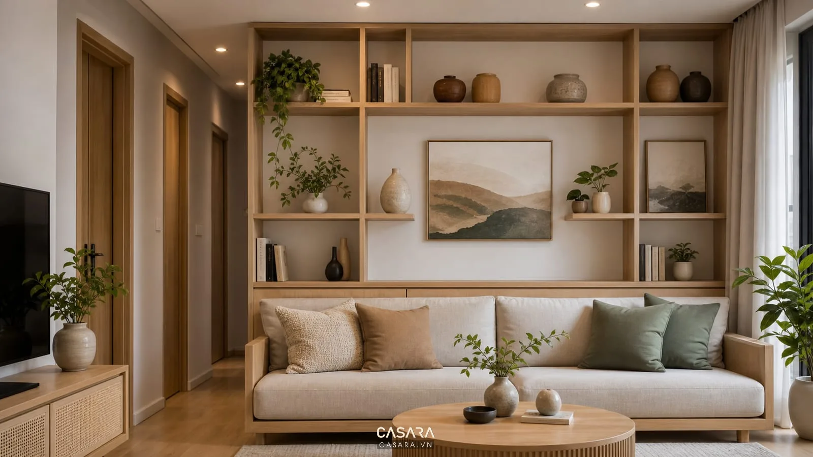 kệ trang trí phòng khách chung cư bằng gỗ sáng sau sofa