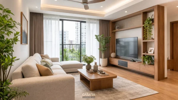 Phòng khách đẹp hiện đại với sofa sáng màu, kệ tivi gỗ và ánh sáng tự nhiên