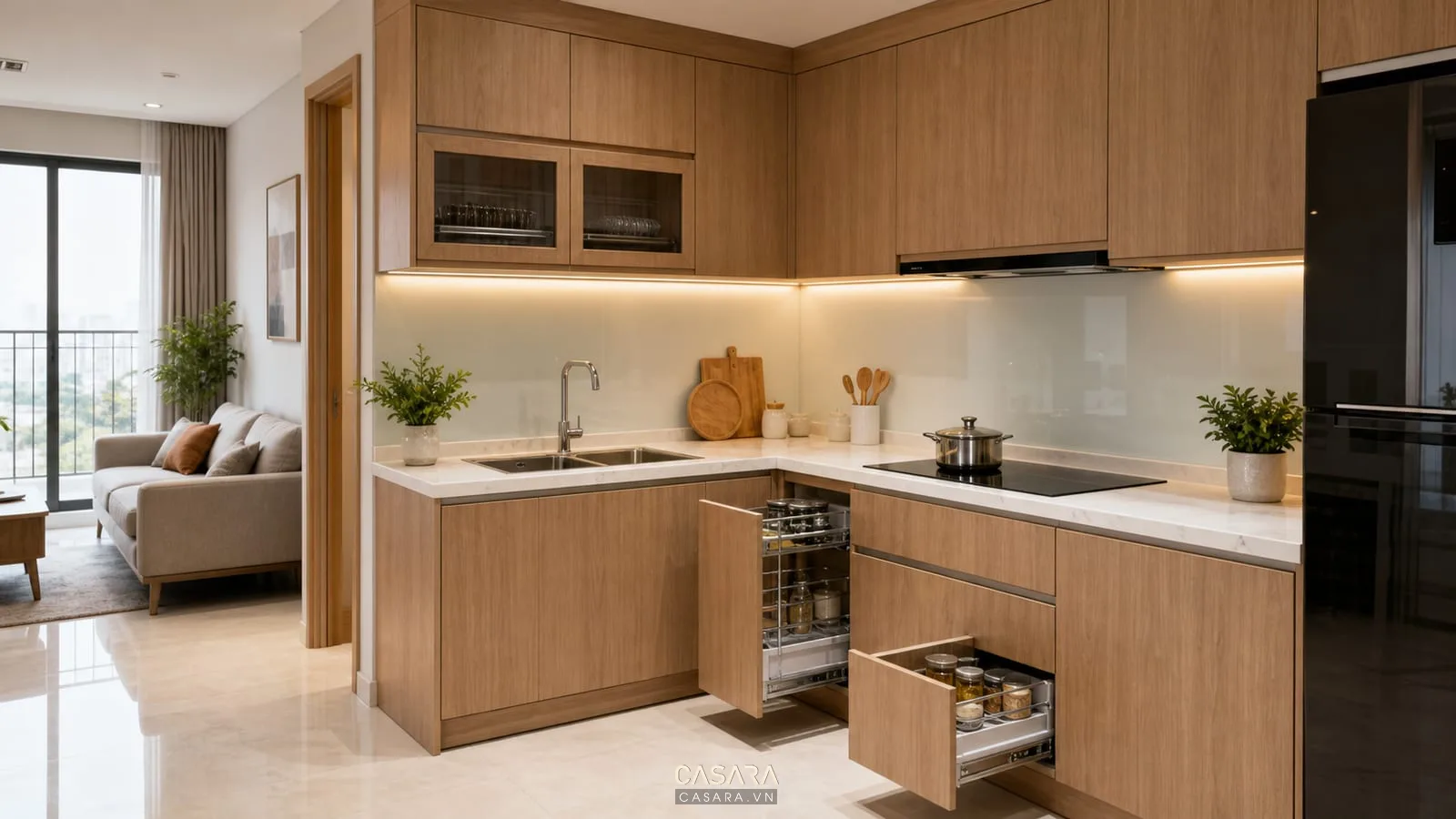 Tủ bếp chung cư nhỏ chữ I với cánh tủ gỗ công nghiệp màu sáng, mặt đá trắng, phụ kiện ngăn kéo và bếp hiện đại