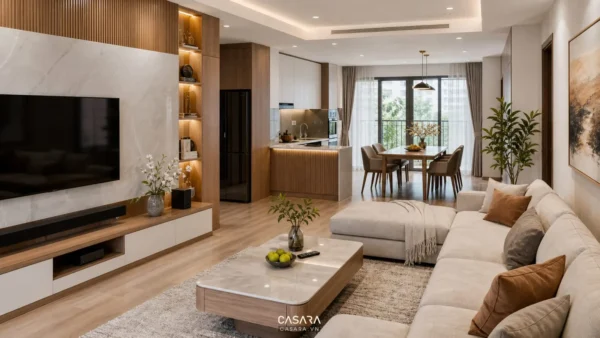 Phòng khách căn hộ liền bếp với sofa chữ L, kệ tivi, bàn ăn và tủ bếp gỗ