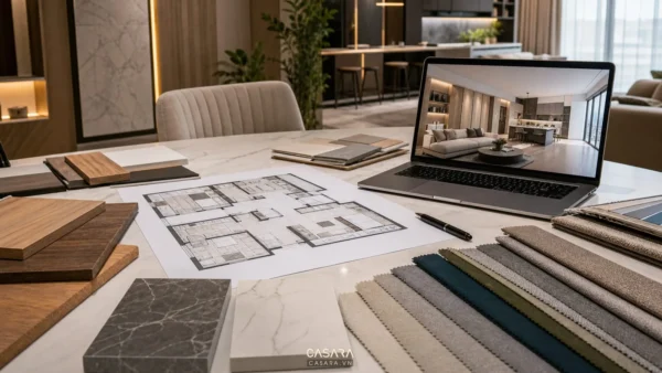 Bàn tư vấn thiết kế với bản vẽ mặt bằng, mẫu gỗ, đá, vải và phối cảnh căn hộ trên laptop
