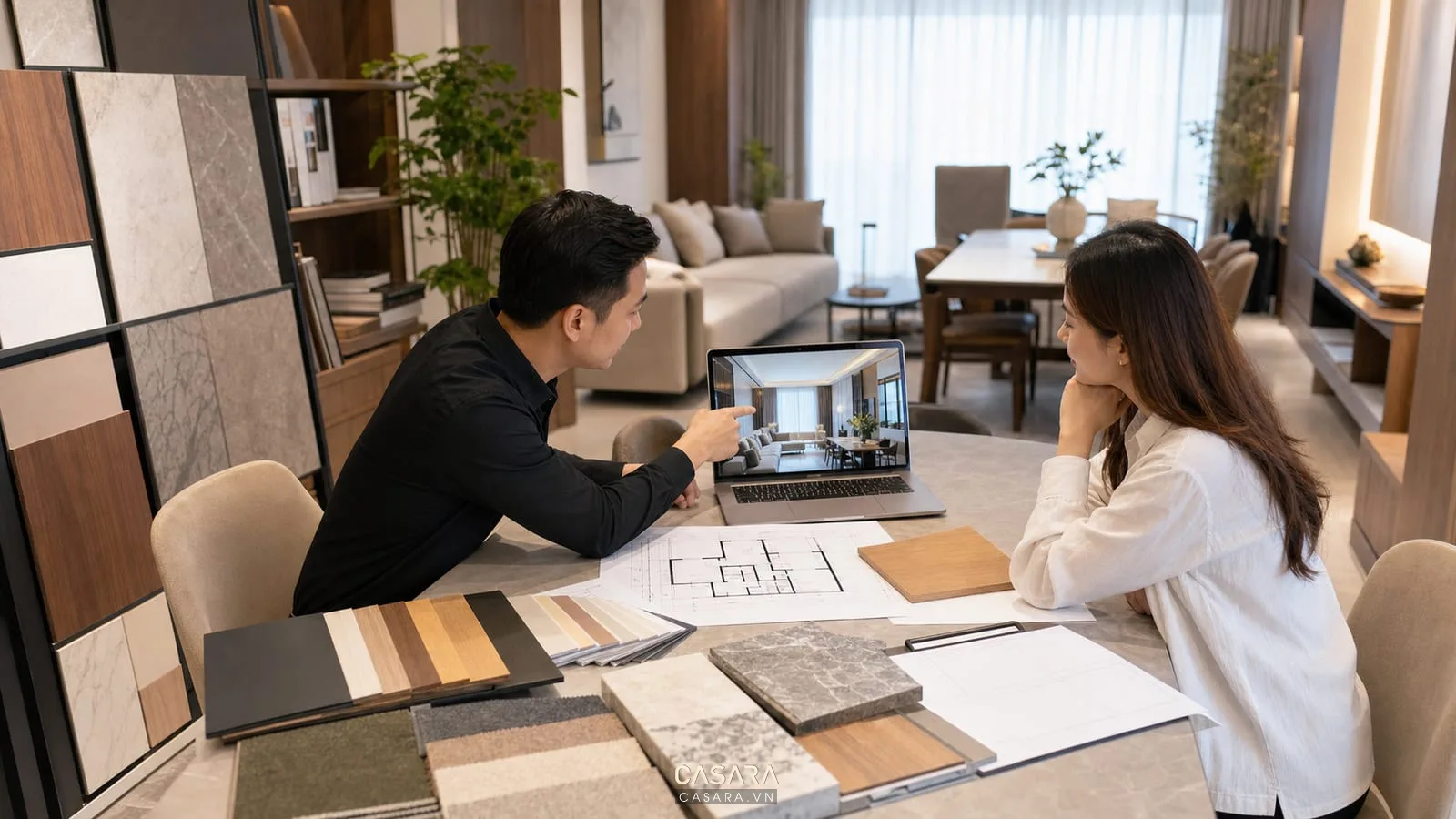 Buổi tư vấn thiết kế nội thất chung cư với kiến trúc sư gia chủ bản vẽ mẫu vật liệu và bảng ngân sách