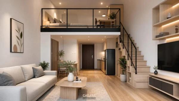 gác lửng chung cư trong căn hộ trần cao với phòng khách bên dưới và khu ngủ phía trên