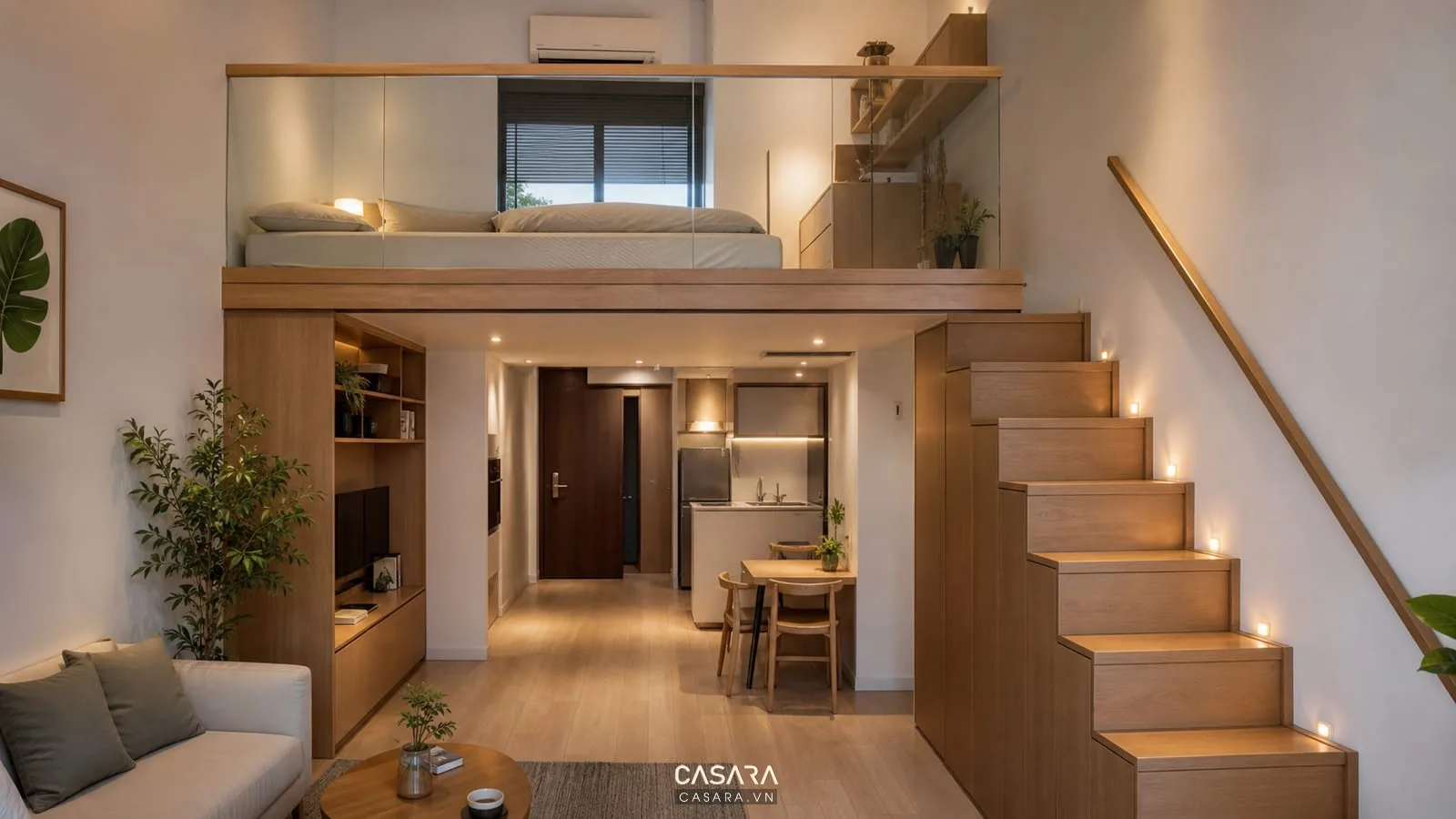 Chung cư mini có gác xép với giường ngủ trên gác và cầu thang có ngăn kéo