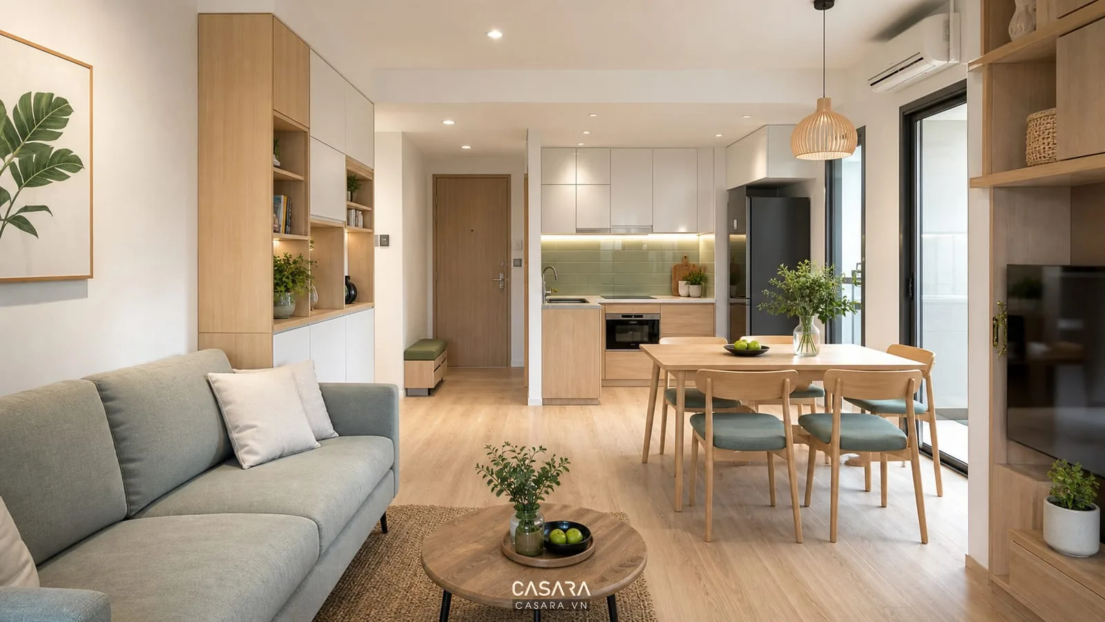 Nội thất chung cư 50m2 với tủ lưu trữ kịch trần và bếp liền khách