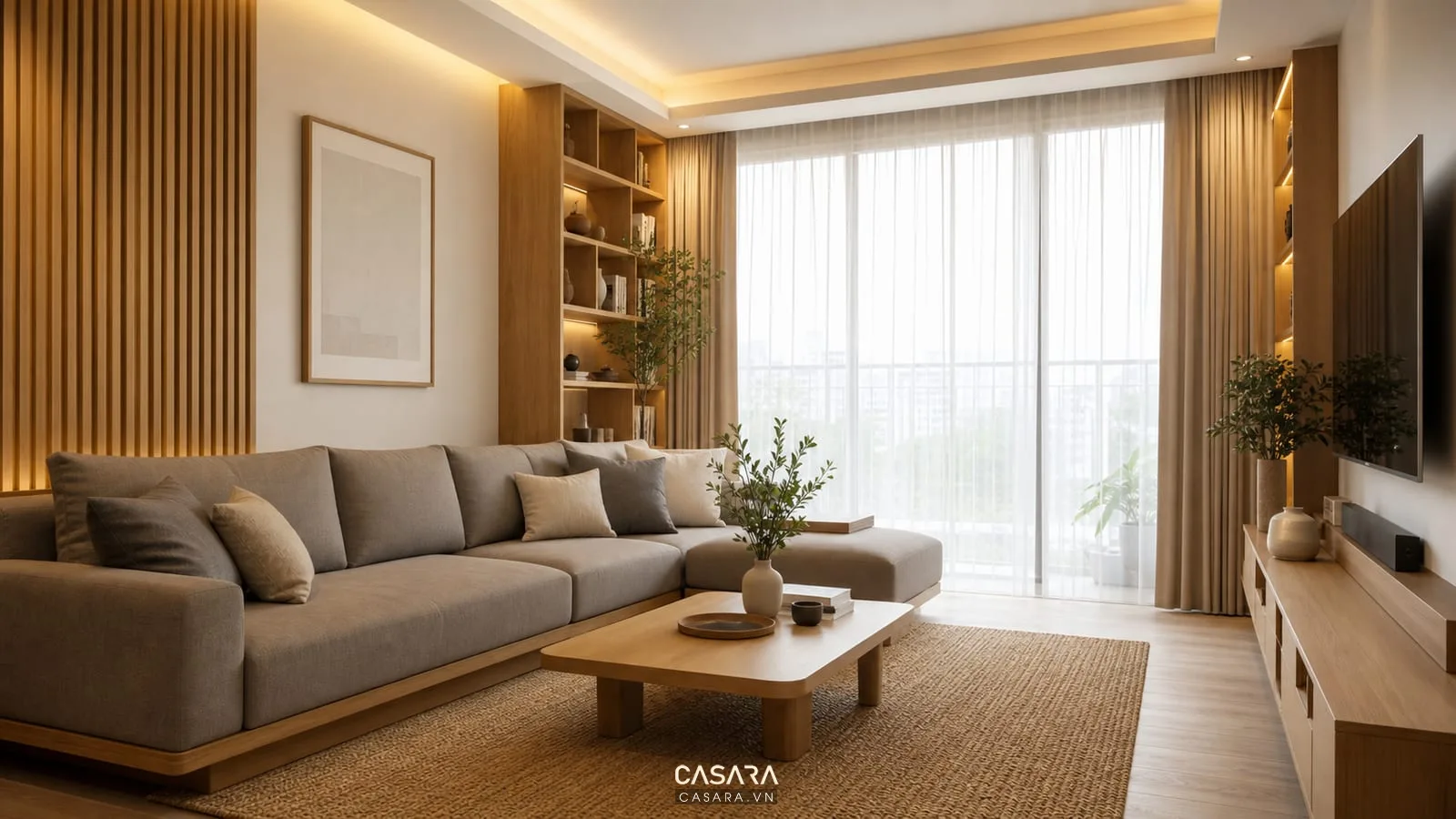 Phòng khách hiện đại ấm áp với gỗ sáng, rèm vải và sofa ghi