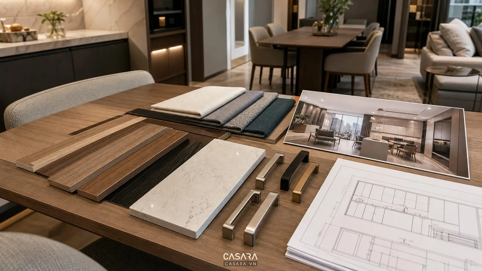 Vật liệu thi công nội thất chung cư gồm mẫu gỗ đá vải tay nắm và bản vẽ tủ bếp