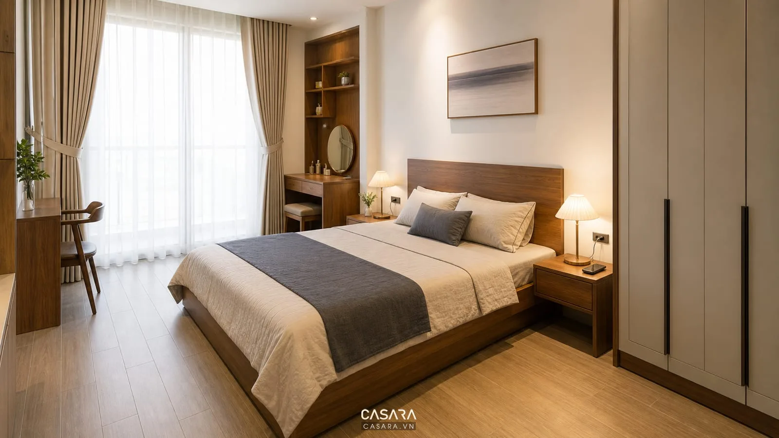 Phòng ngủ chung cư thi công nội thất với giường đôi tủ quần áo bàn trang điểm và đèn đầu giường