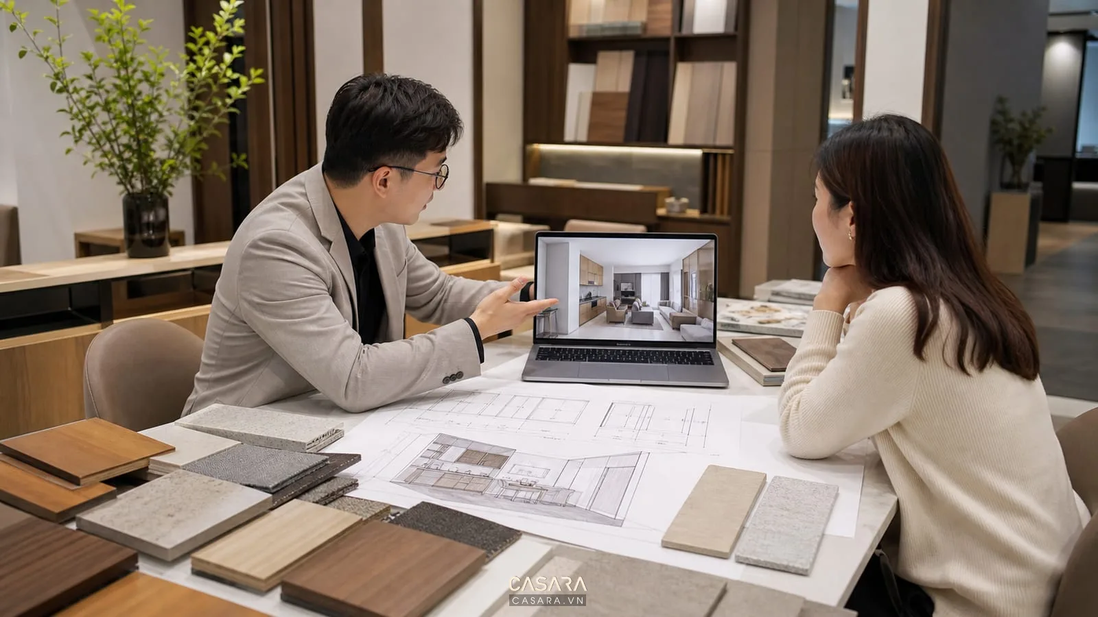 Kiến trúc sư tư vấn thi công nội thất chung cư với phối cảnh căn hộ bản vẽ kỹ thuật và mẫu vật liệu