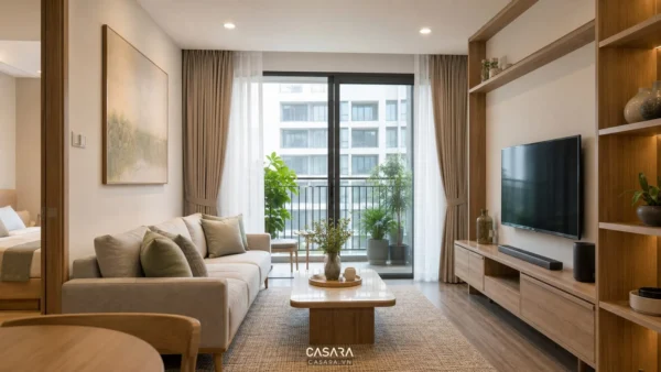 Phòng khách chung cư có sofa màu trung tính, kệ tivi gỗ và cửa kính ban công