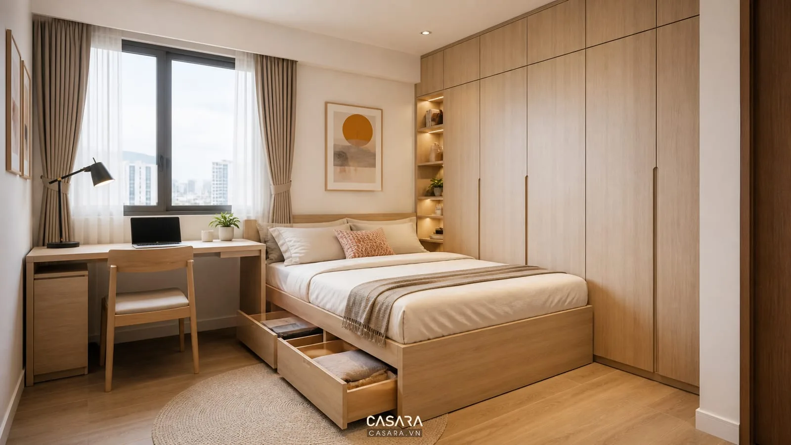 Thiết kế nội thất chung cư 1 phòng ngủ với giường hộc kéo và tủ áo kịch trần