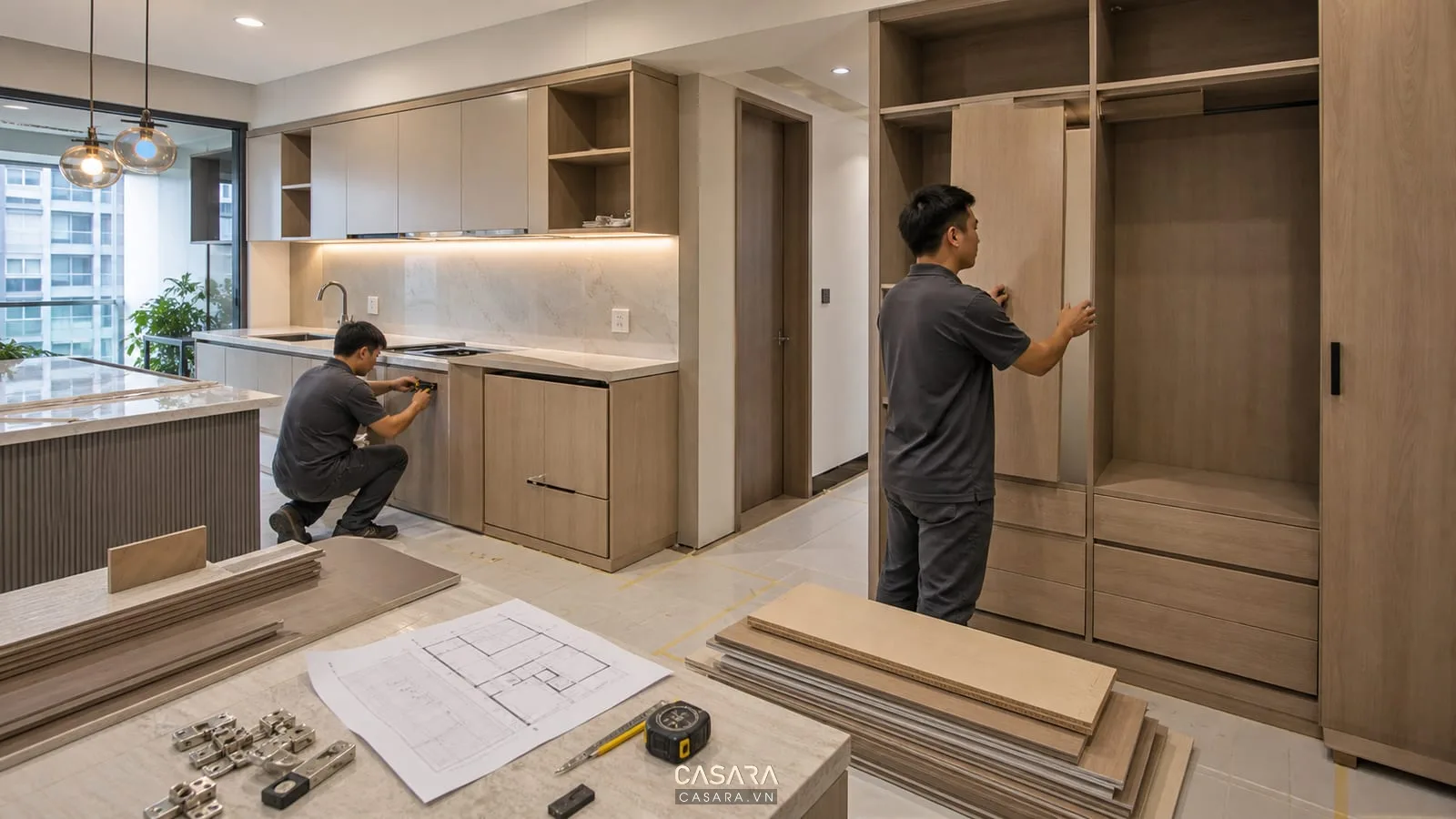 Thi công nội thất chung cư với lắp đặt tủ bếp, tủ áo và kiểm tra bản vẽ kỹ thuật