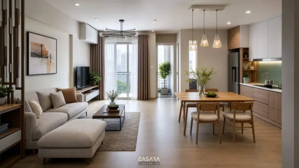 Phòng khách bếp chung cư hiện đại với sofa kệ tivi bàn ăn và lối đi rộng