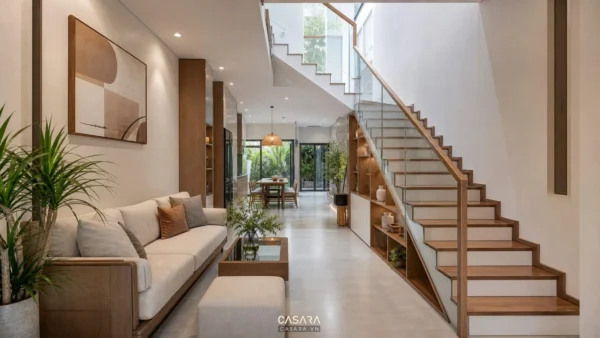 Mẫu cầu thang đẹp nhà ống bằng gỗ và kính trong phòng khách hiện đại