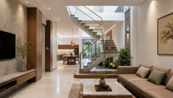 mẫu cầu thang giữa nhà ống hiện đại với bậc gỗ và lan can kính