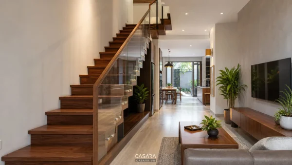 mẫu cầu thang gỗ đẹp cho nhà ống với bậc gỗ và lan can kính trong phòng khách