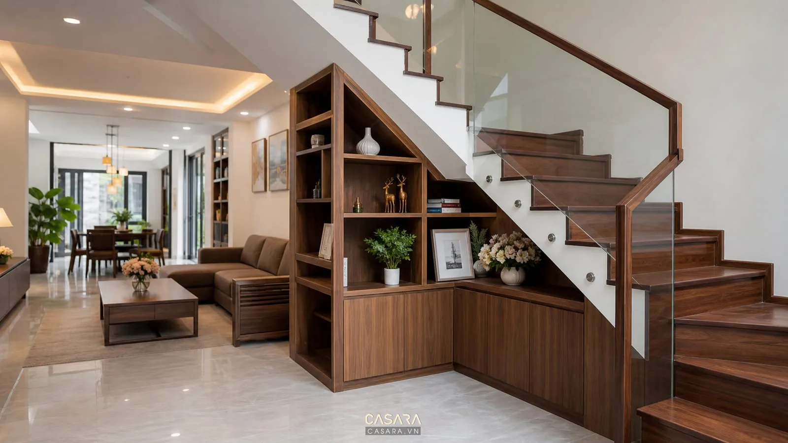 gầm cầu thang gỗ nhà ống có tủ lưu trữ và kệ trang trí đẹp