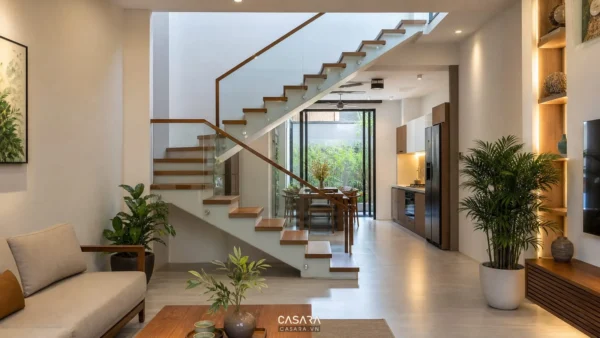 Mẫu cầu thang ngang nhà ống hiện đại với bậc gỗ và lan can kính