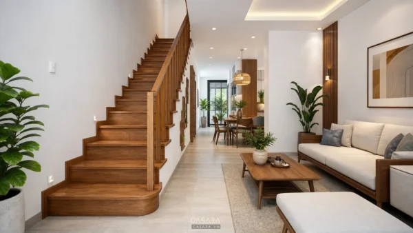 Cầu thang gỗ ấm cúng trong nhà phố hiện đại với phòng khách sáng