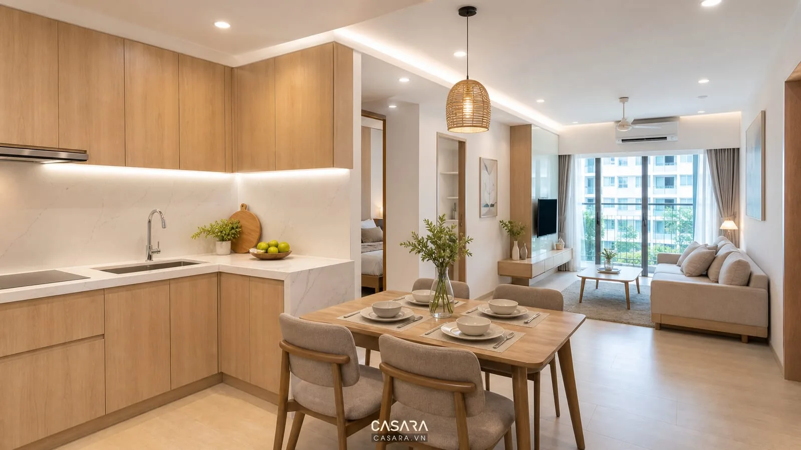 Chung cư 70m2 2 phòng ngủ có bếp chữ L và bàn ăn 4 ghế