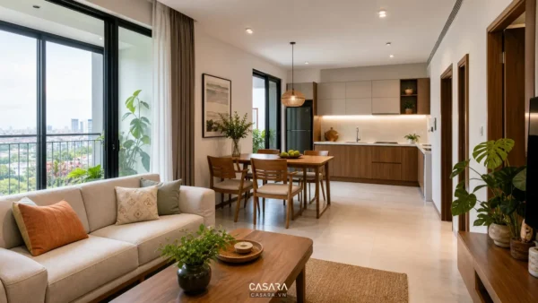 Mẫu nhà chung cư 2 phòng ngủ đẹp có phòng khách liền bếp và ban công sáng