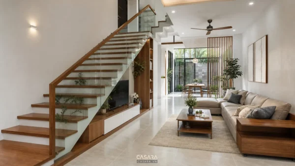 Mẫu nhà có cầu thang đẹp với cầu thang gỗ kính trong phòng khách nhà phố