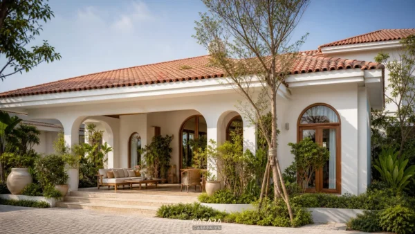 Mẫu nhà phong cách địa trung hải với mặt tiền trắng, mái ngói đất nung và cửa vòm