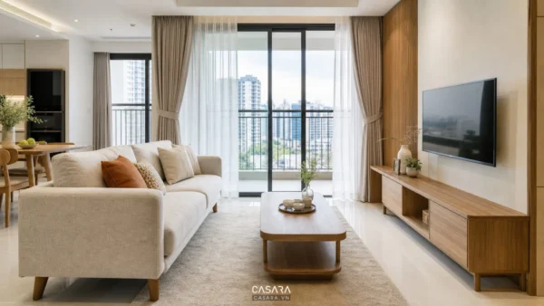 mẫu phòng khách chung cư đẹp hiện đại với sofa sáng màu kệ tivi gỗ và ban công kính