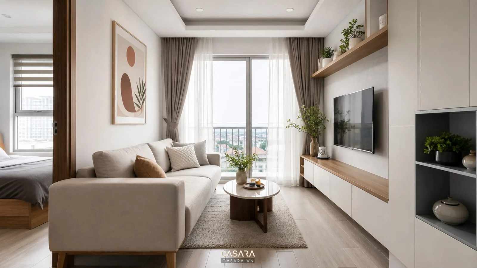 ảnh chung cư đẹp với phòng khách hiện đại sofa sáng màu và sàn gỗ