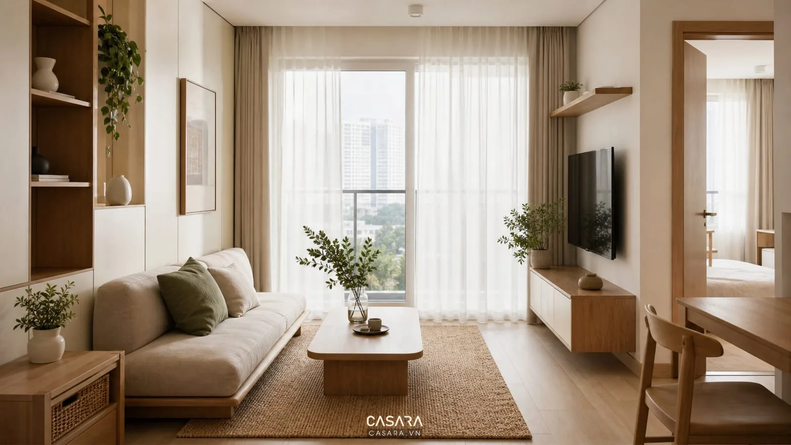 Mẫu phòng khách chung cư có tủ lưu trữ kín kệ trang trí mở sofa nhỏ và bàn trà rời