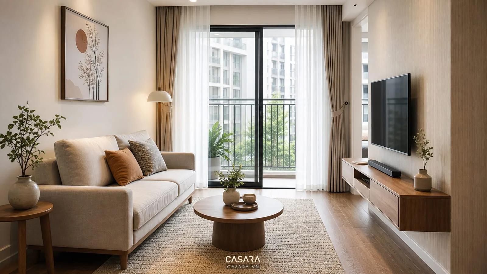 phòng khách chung cư nhỏ có sofa chữ I bàn trà tròn và kệ treo tường