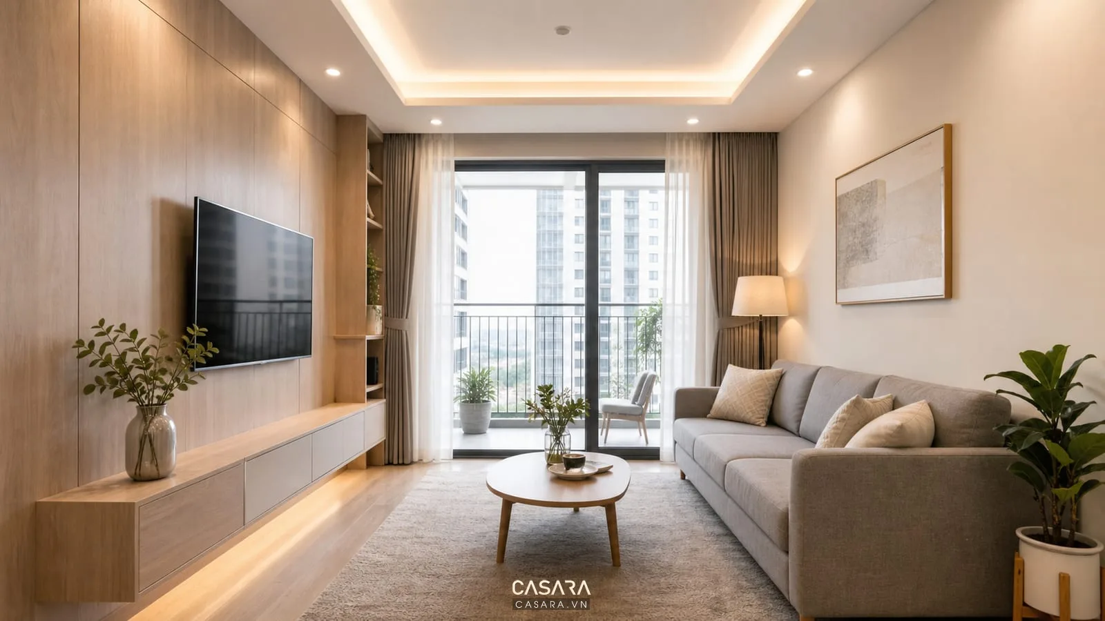 Căn hộ chung cư đẹp với gỗ sáng, đá vân nhẹ, rèm vải và ánh sáng ấm