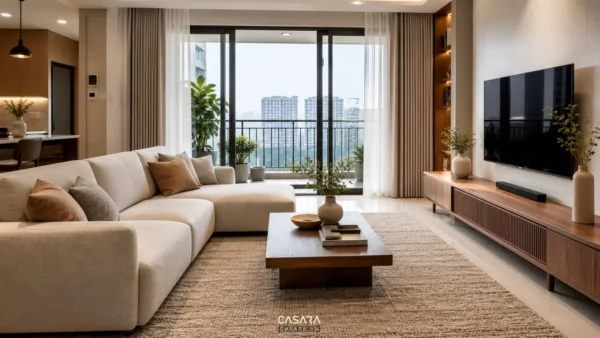Phòng khách đẹp hiện đại với sofa sáng màu, bàn trà, kệ tivi gỗ, thảm và cửa kính ban công