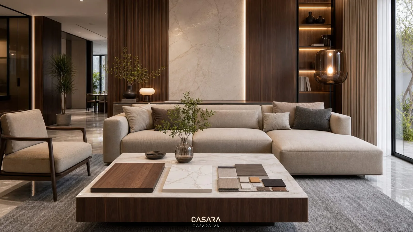 Phòng khách đẹp hiện đại với mẫu gỗ, đá vân sáng, vải sofa màu be, thảm xám và đèn trang trí