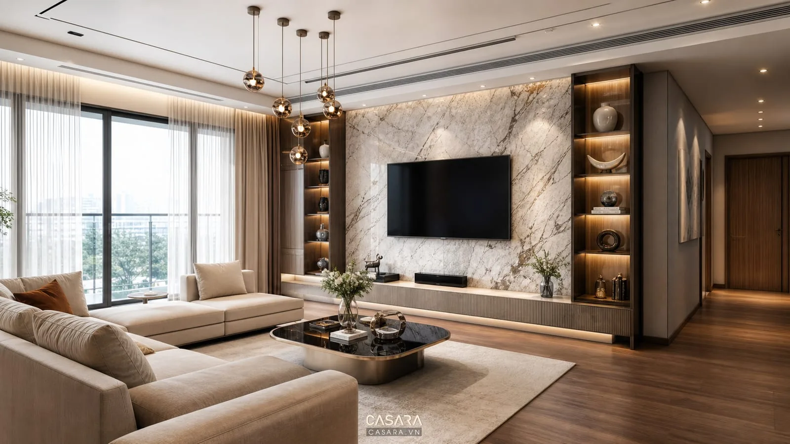 phòng khách hiện đại có vách tivi ốp gỗ và sofa chữ L