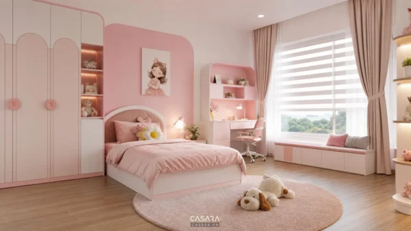 Mẫu phòng ngủ đẹp cho bé gái với giường trẻ em, bàn học nhỏ, tủ quần áo và gam hồng phấn trắng kem