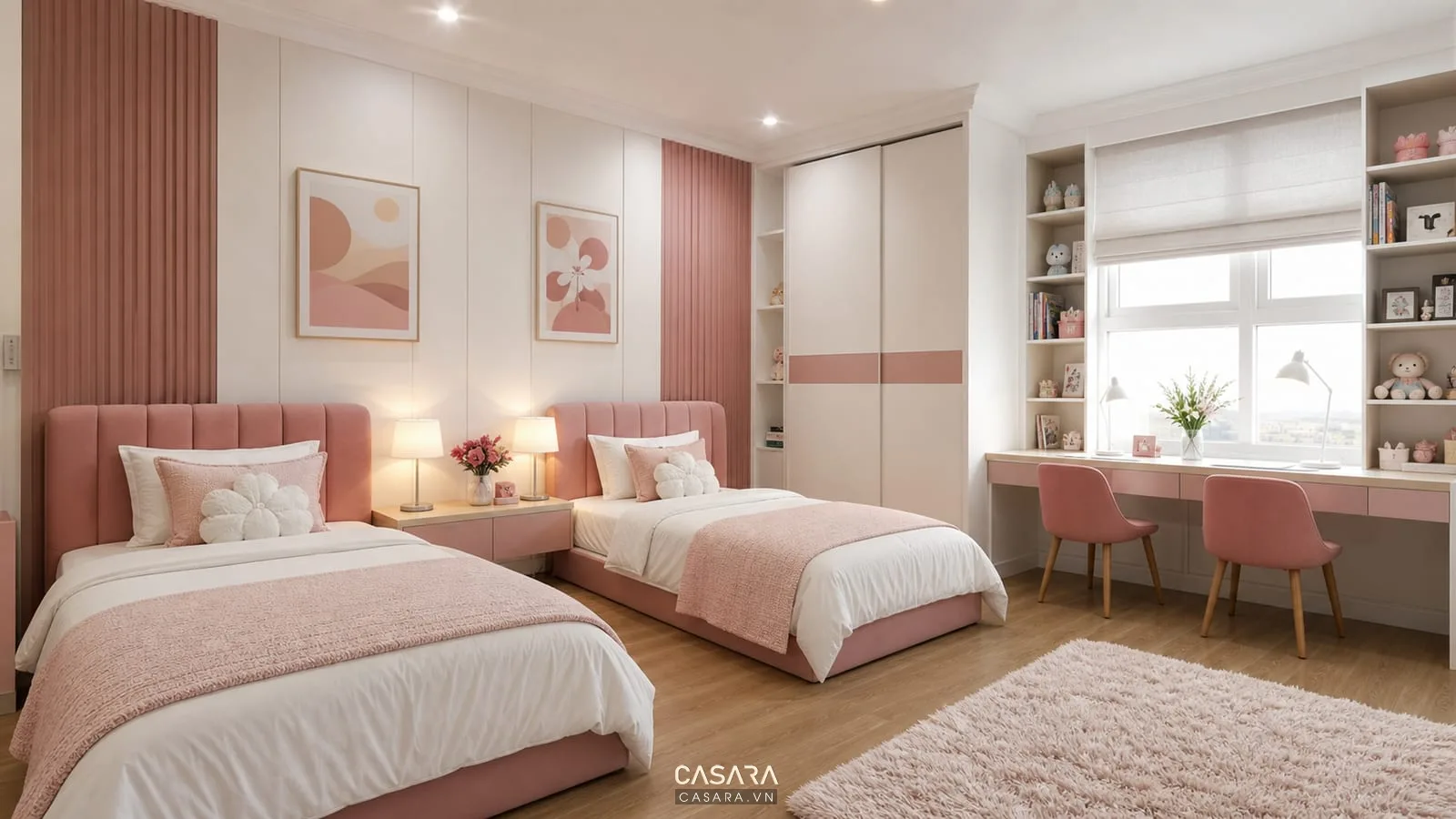 Phòng ngủ đẹp cho 2 be gái với hai giường đơn, bàn học đôi, tủ quần áo chung và màu trắng hồng