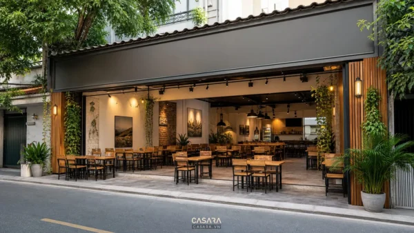 mẫu quán bia đơn giản với mặt tiền thoáng và bàn ghế gỗ kim loại