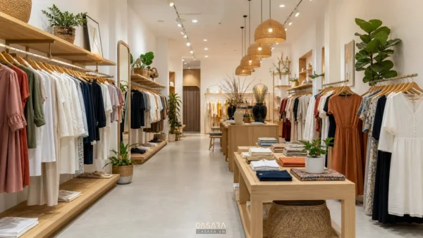 Mẫu shop quần áo hiện đại với giá treo áo váy và kệ trưng bày gỗ sáng