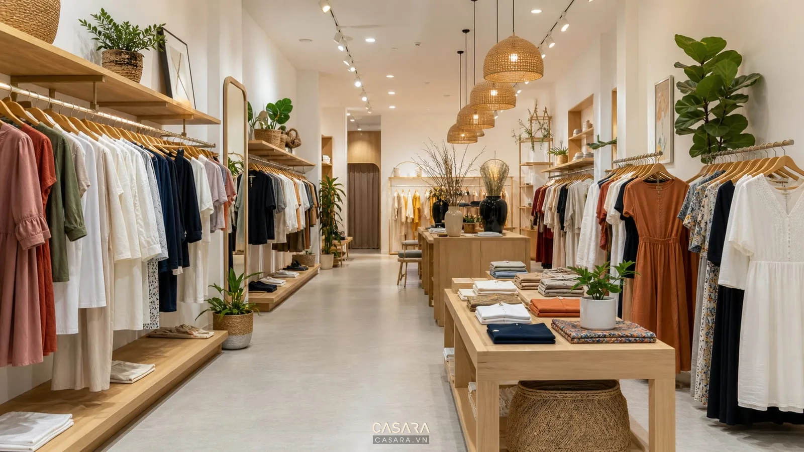 Shop quần áo nữ rộng với quầy thu ngân bàn phụ kiện váy áo trên kệ sát tường và phòng thử phía sau