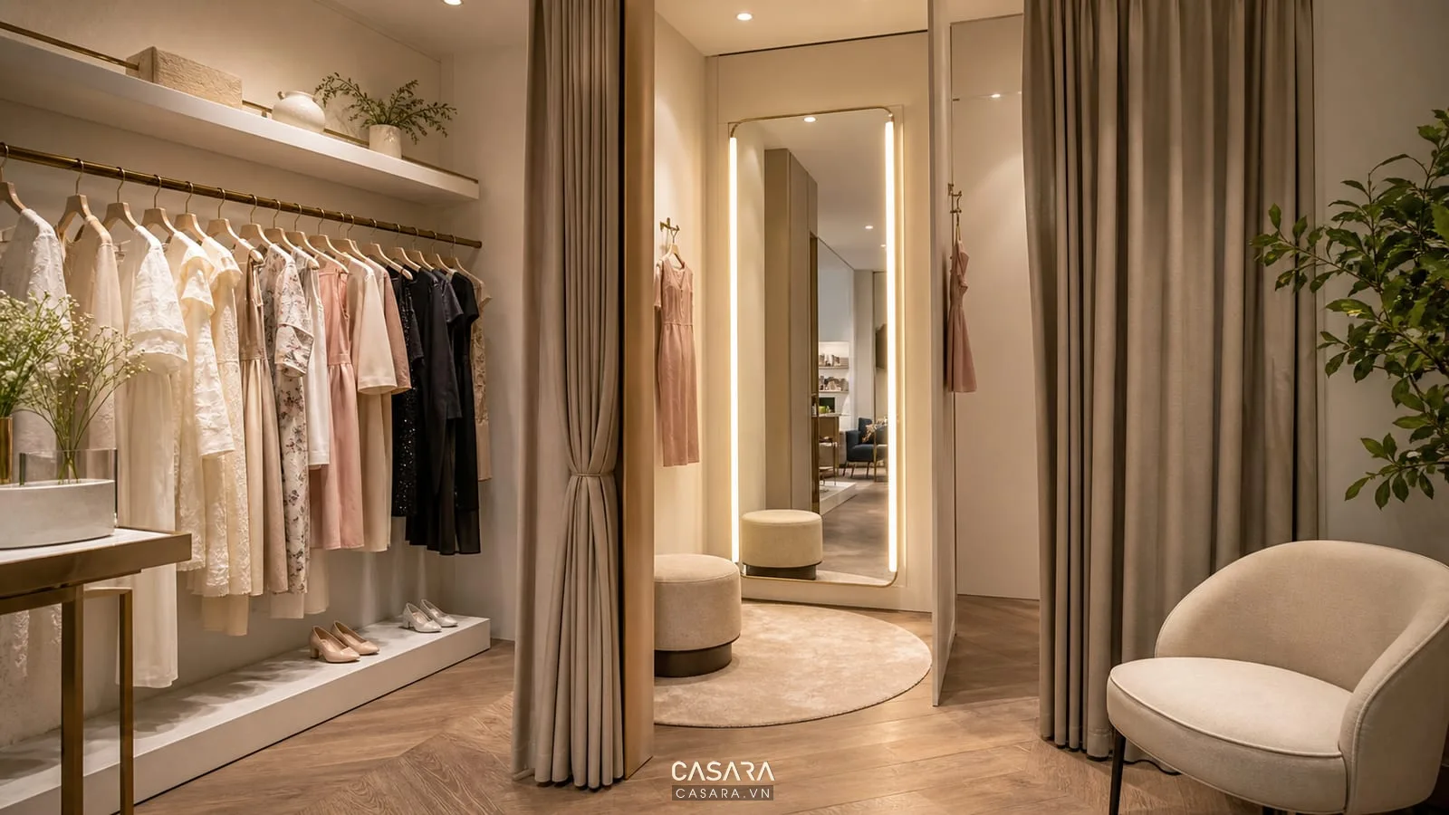 Mẫu thiết kế shop quần áo nữ với phòng thử đồ, gương toàn thân, rèm, móc treo và ghế nhỏ