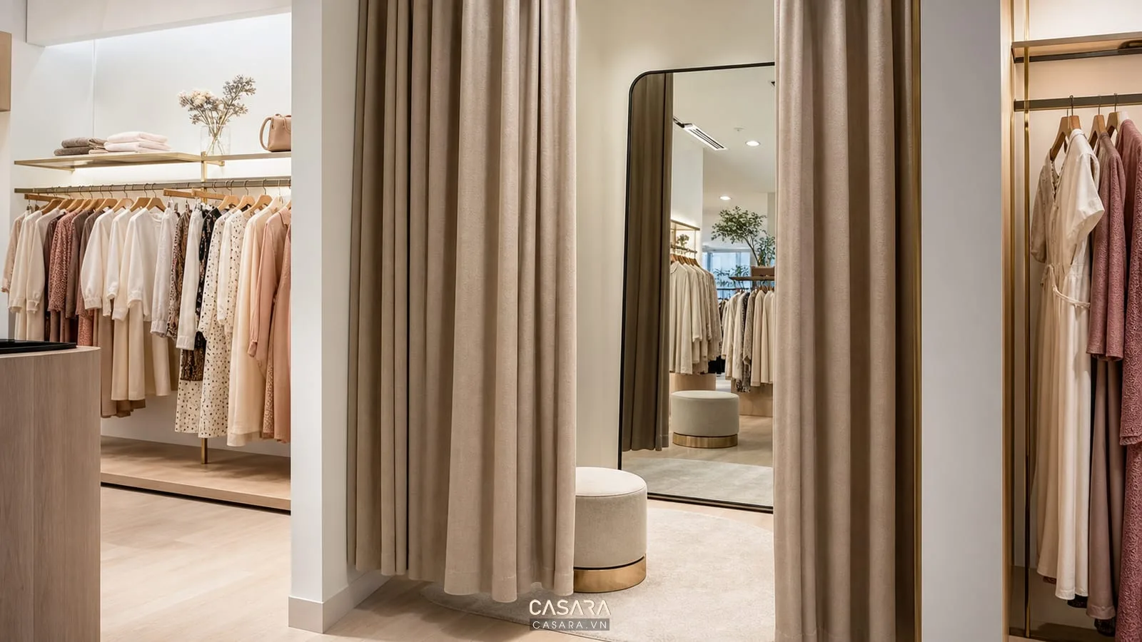 Phòng thử đồ shop quần áo nữ với rèm vải và gương toàn thân