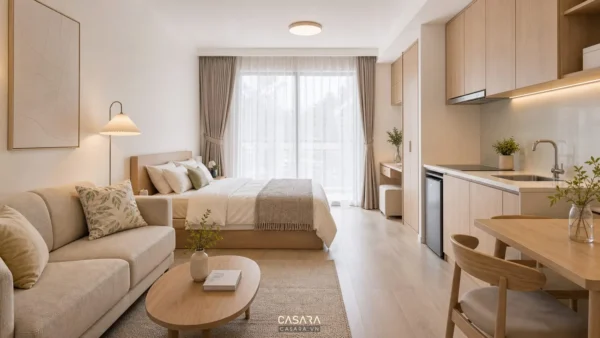 Phòng studio đẹp phong cách hiện đại sáng có sofa giường tủ bếp gỗ và rèm hai lớp