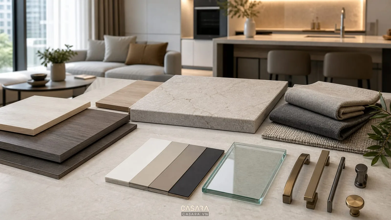 Mẫu vật liệu thiết kế chung cư Hà Nội gồm gỗ công nghiệp đá bếp vải sofa rèm cửa và bảng màu trung tính