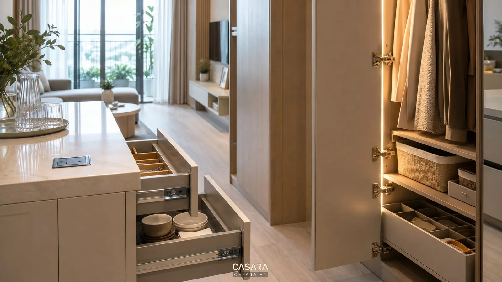 phụ kiện tủ bếp chung cư nhỏ với ray kéo xoong nồi và đèn led dưới tủ