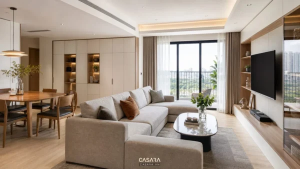 Phòng khách chung cư hiện đại có sofa góc, bàn trà và kệ tivi