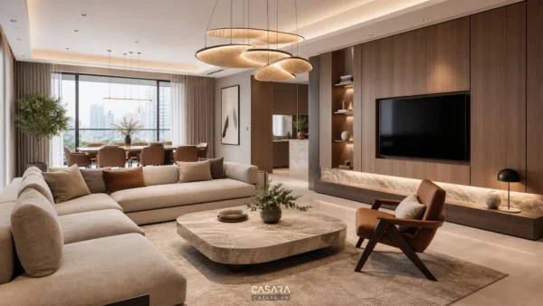 Phòng khách chung cư rộng có sofa chữ L, bàn trà đá và vách tivi ốp gỗ